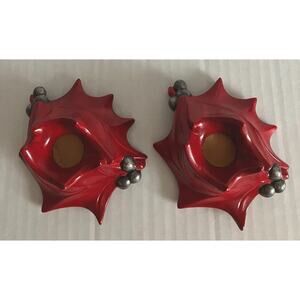 Vtg Atlantic Mold Christmas Holly Berries Candle Holders for Tapered Candles Red